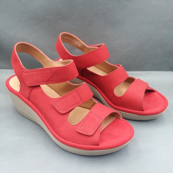 Clarks Reedly Juno Womens 7.5 Shoes Red Nubuck Strappy Platform Wedge Sandals - Picture 4 of 12